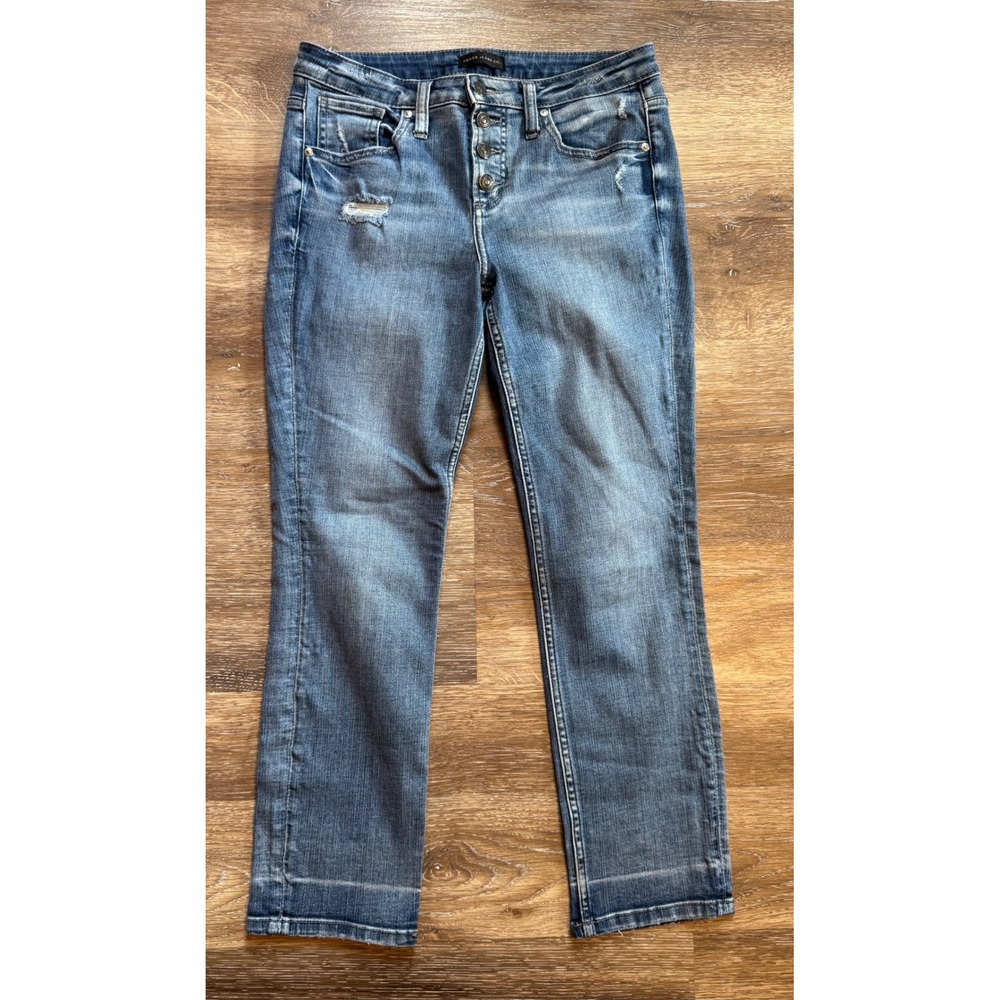 Silver Jeans Co Women Distressed Button Fly Straight Leg Jeans Medium Wash 30x26